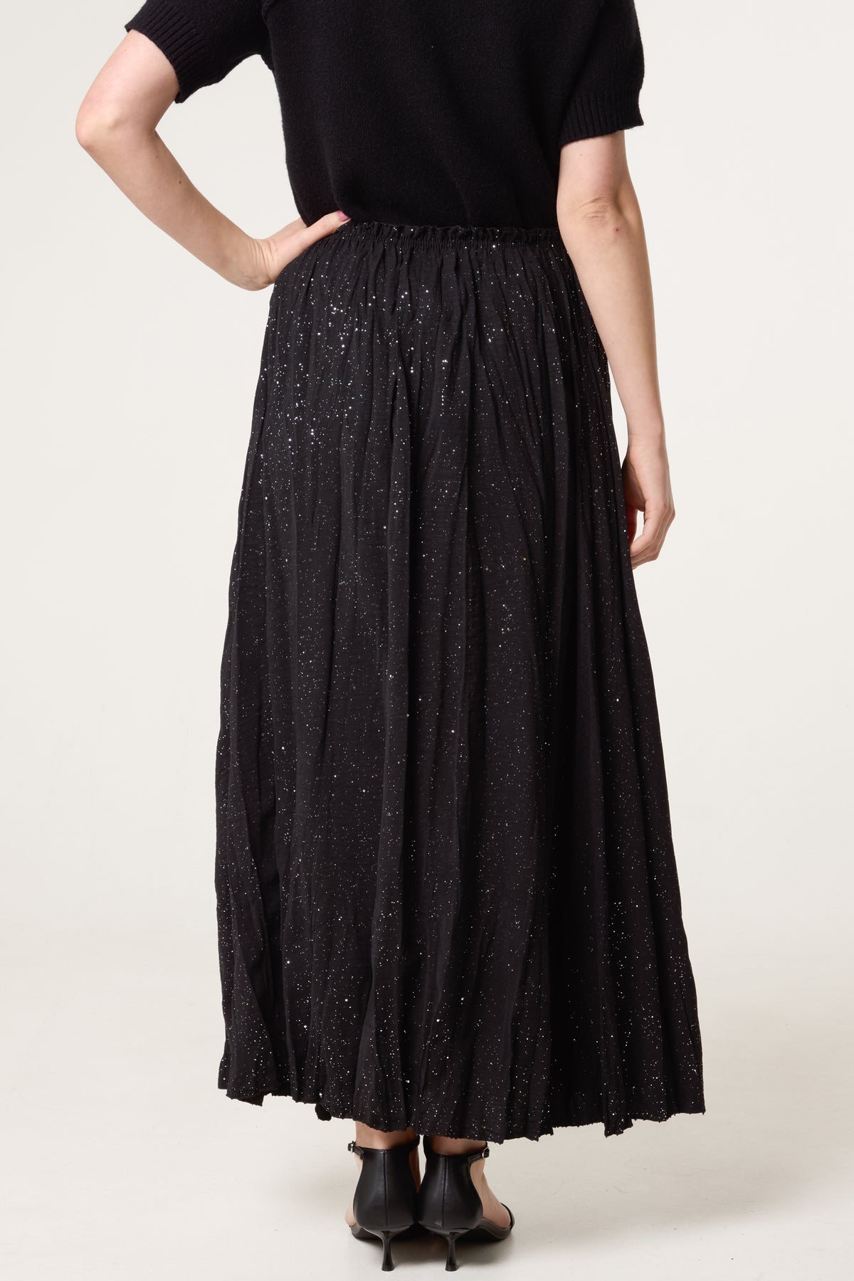 Crinkle Metallic Glitter Midi Skirt