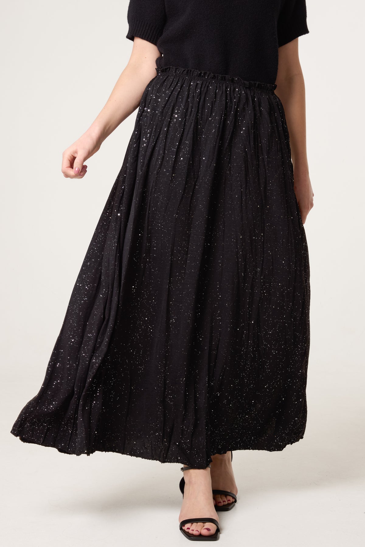 Crinkle Metallic Glitter Midi Skirt