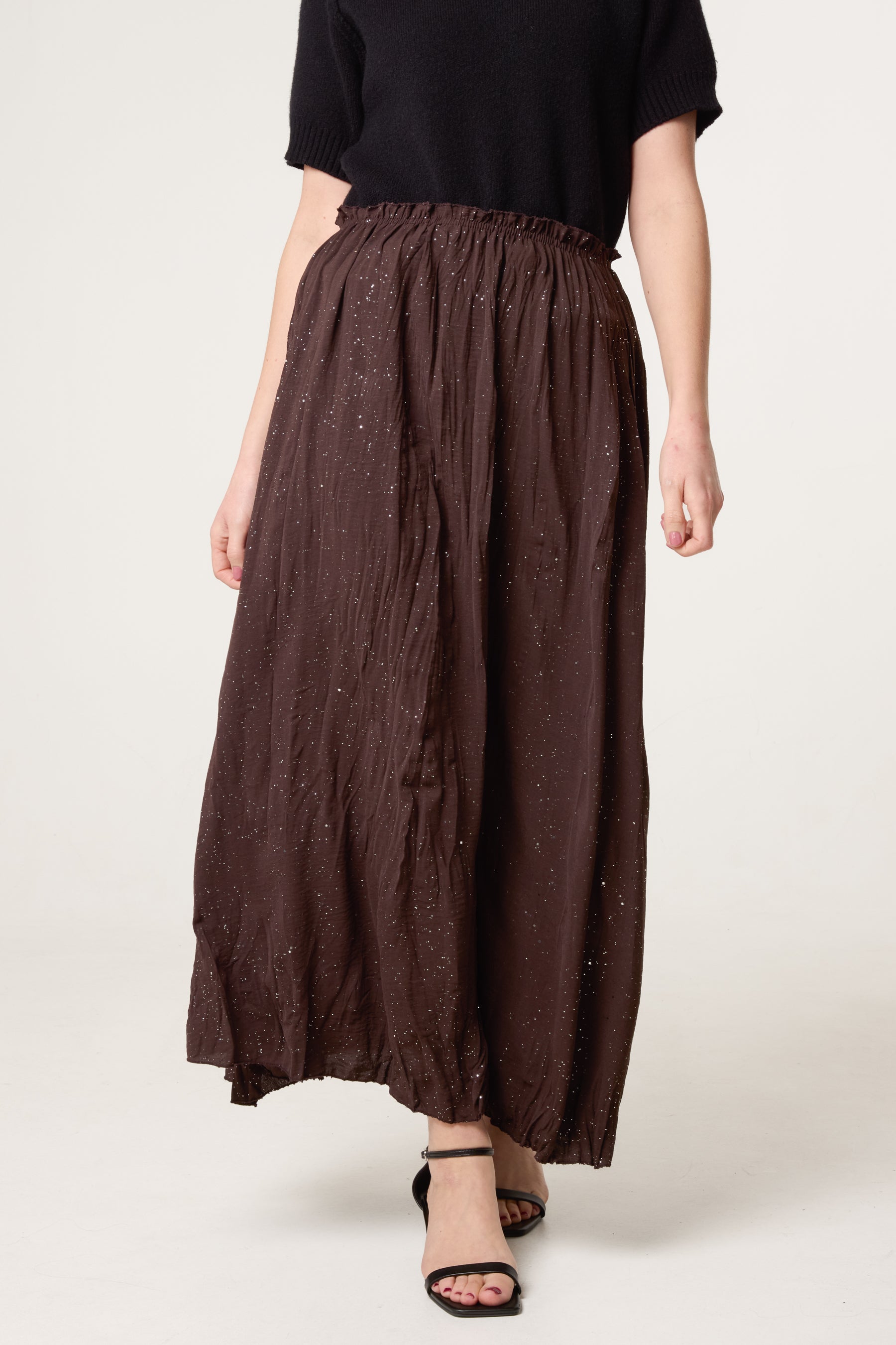 Crinkle Metallic Glitter Midi Skirt