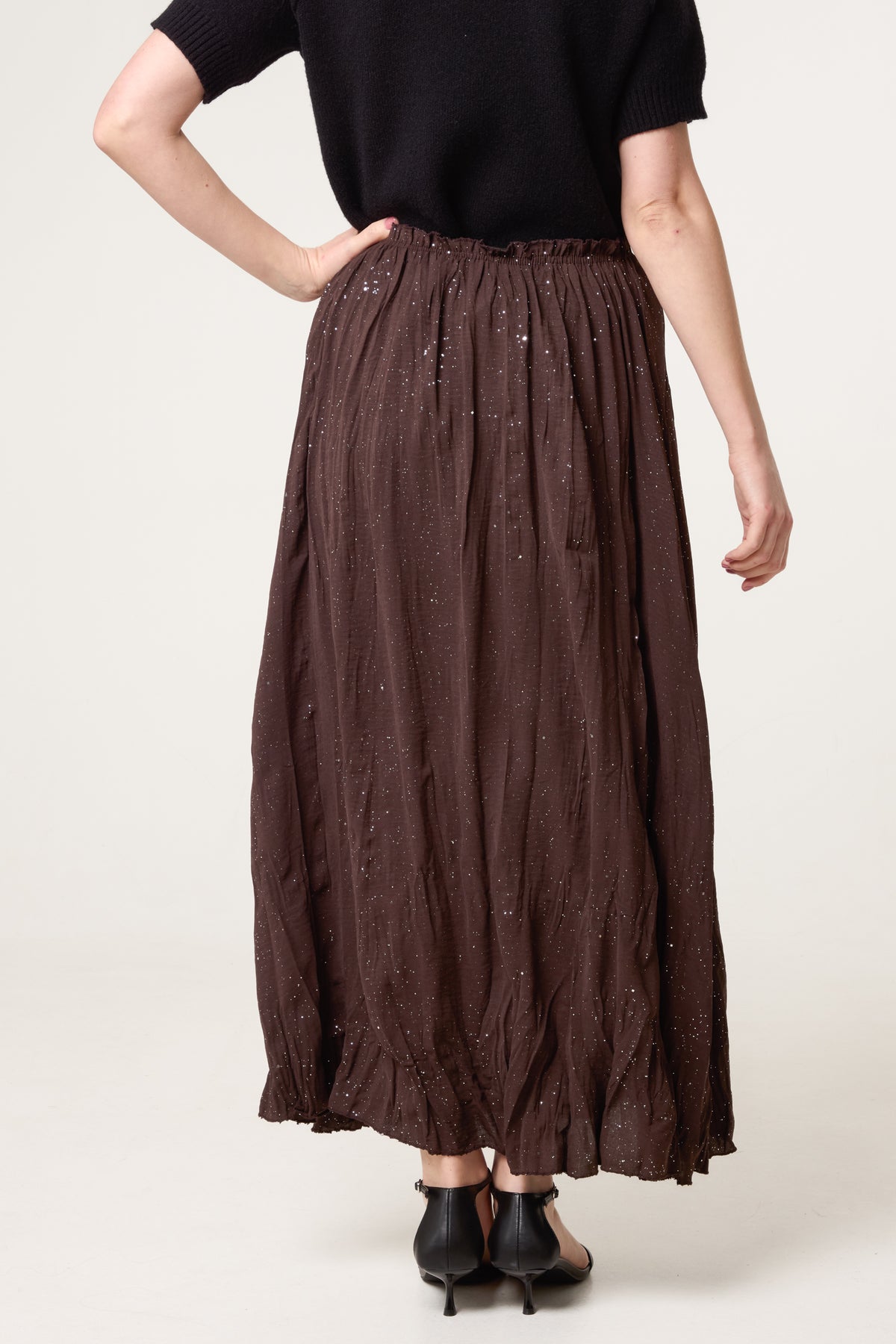 Crinkle Metallic Glitter Midi Skirt