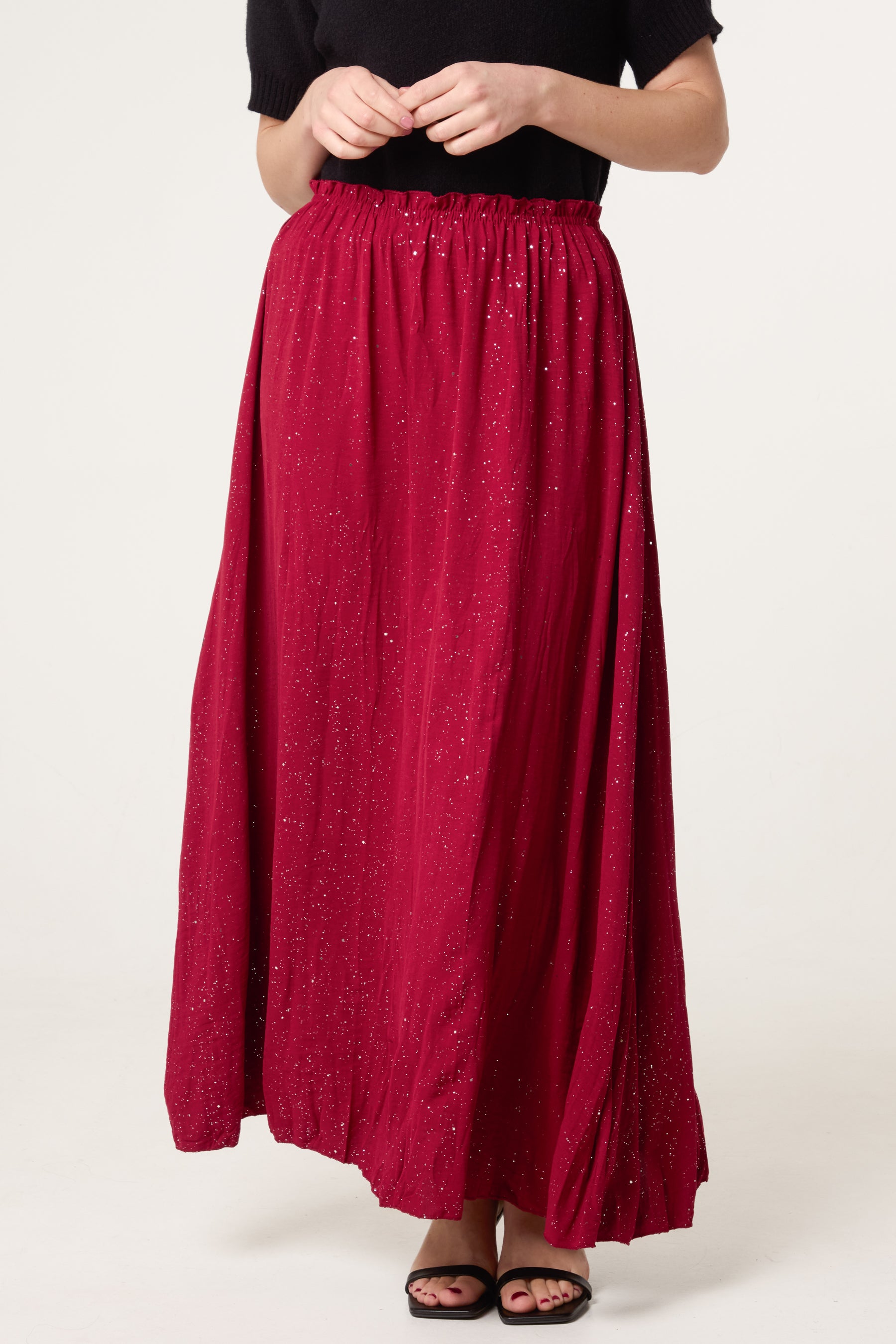 Crinkle Metallic Glitter Midi Skirt