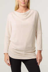 Ribbed Knit Cowl Neck Drape Top
