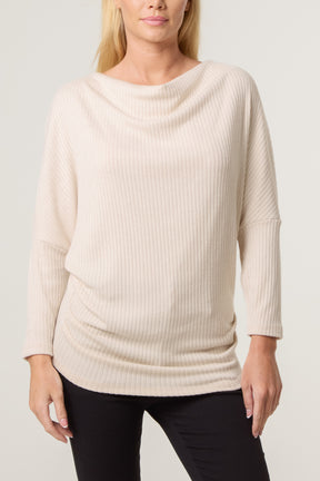 Ribbed Knit Cowl Neck Drape Top
