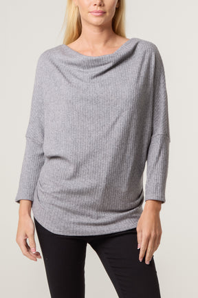 Ribbed Knit Cowl Neck Drape Top