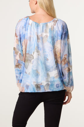 Floral Print Mesh Blouse