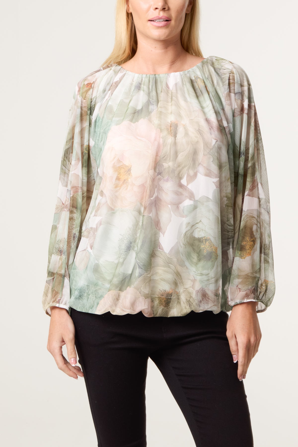 Floral Print Mesh Blouse