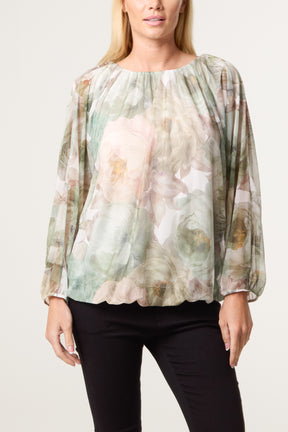 Floral Print Mesh Blouse