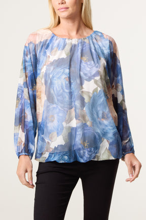 Floral Print Mesh Blouse