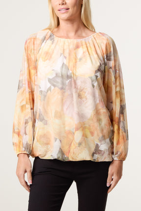 Floral Print Mesh Blouse
