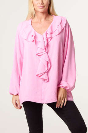 V-Neck Ruffle Long Sleeve Blouse