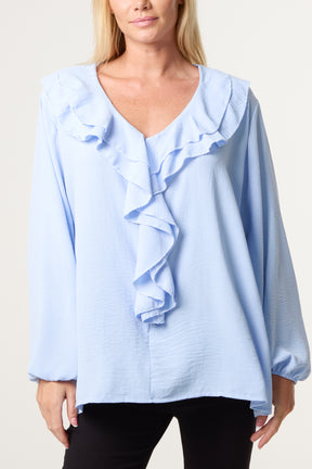 V-Neck Ruffle Long Sleeve Blouse