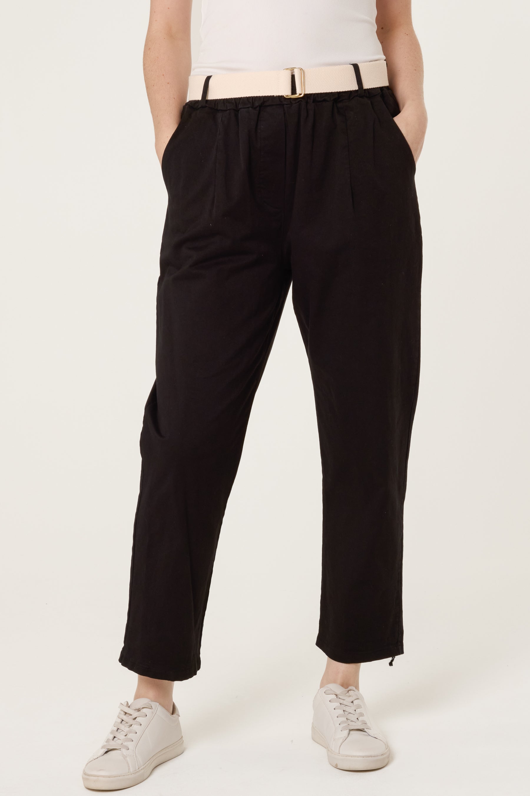 Cotton Blend Belted Straight Trousers