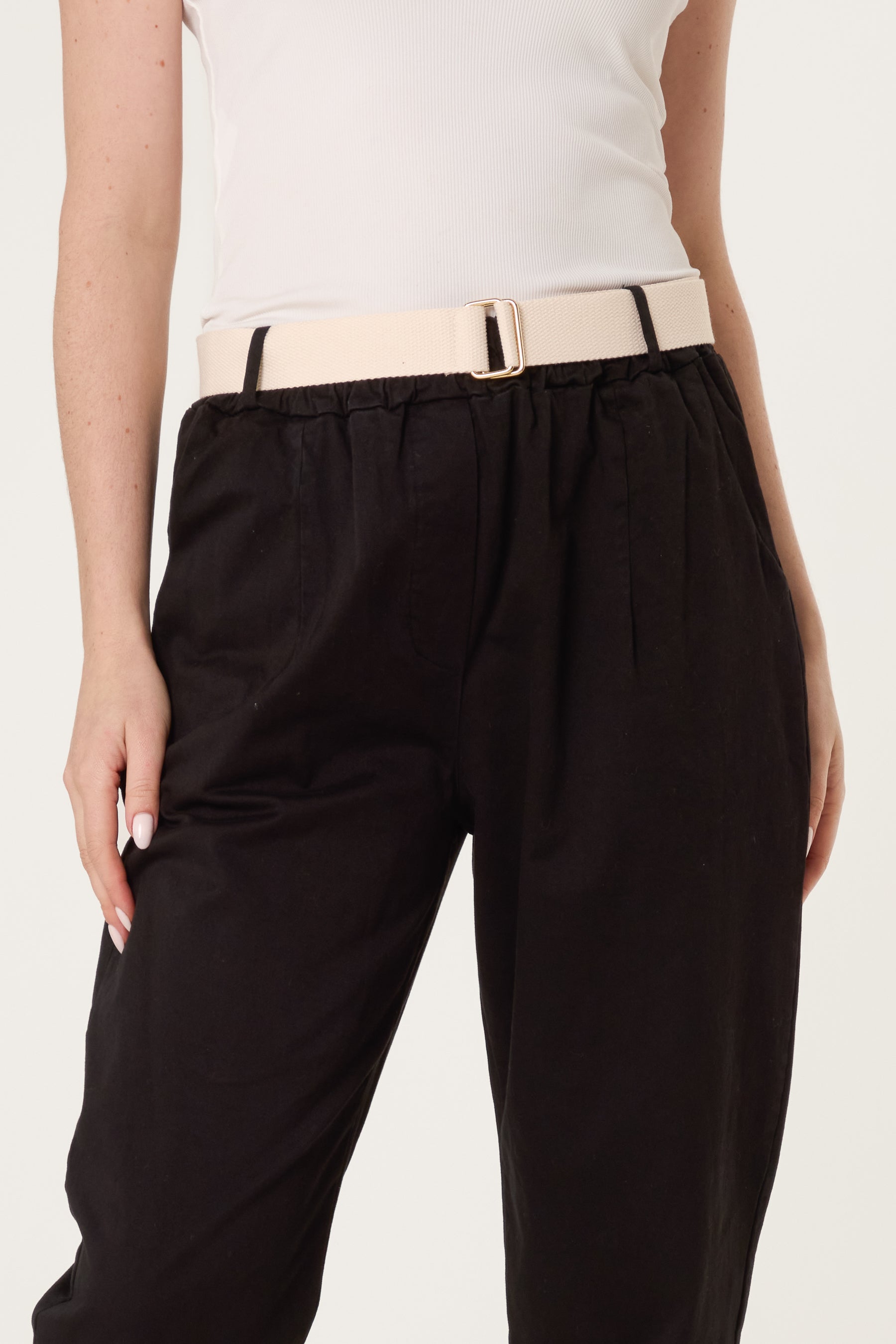Cotton Blend Belted Straight Trousers