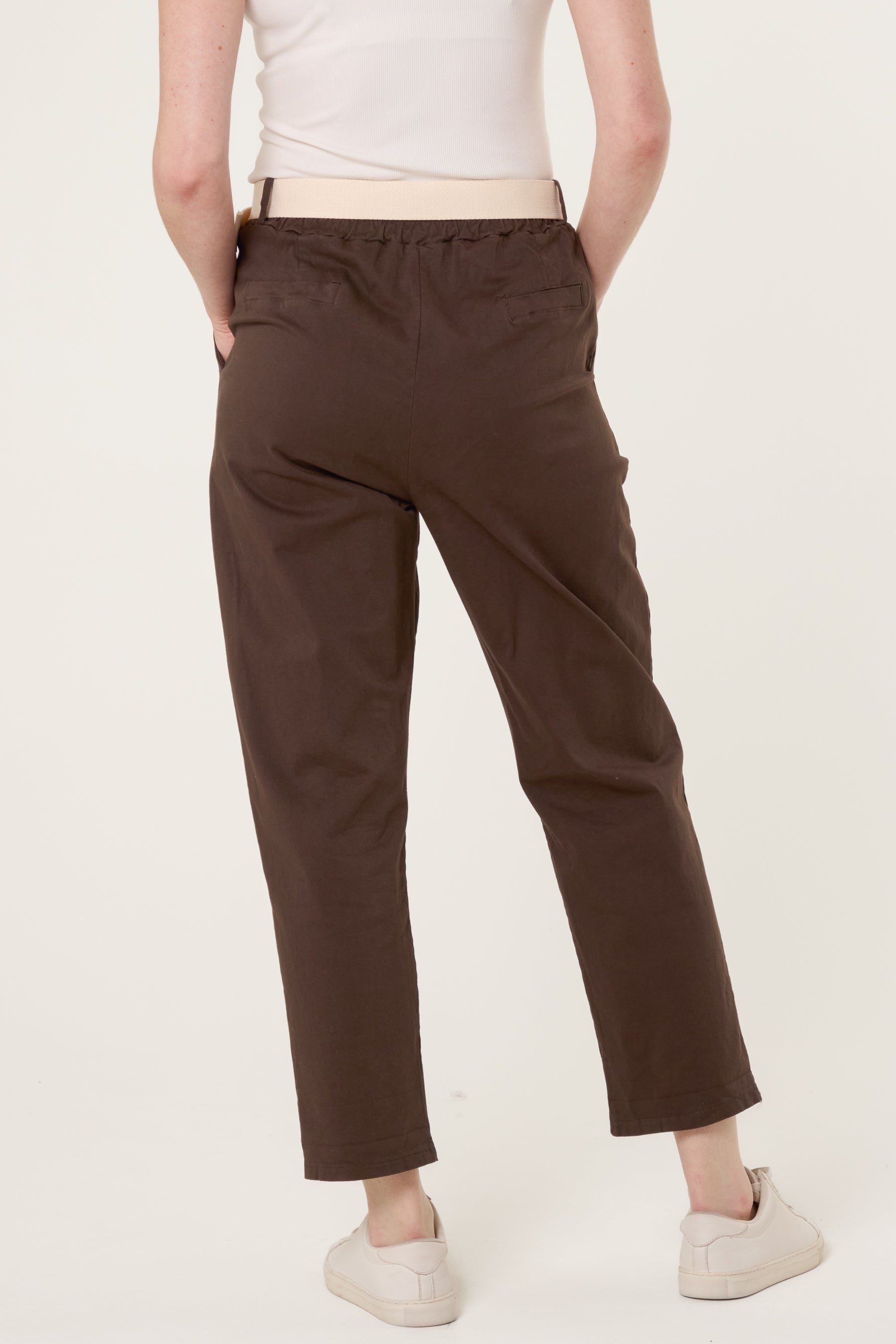 Cotton Blend Belted Straight Trousers