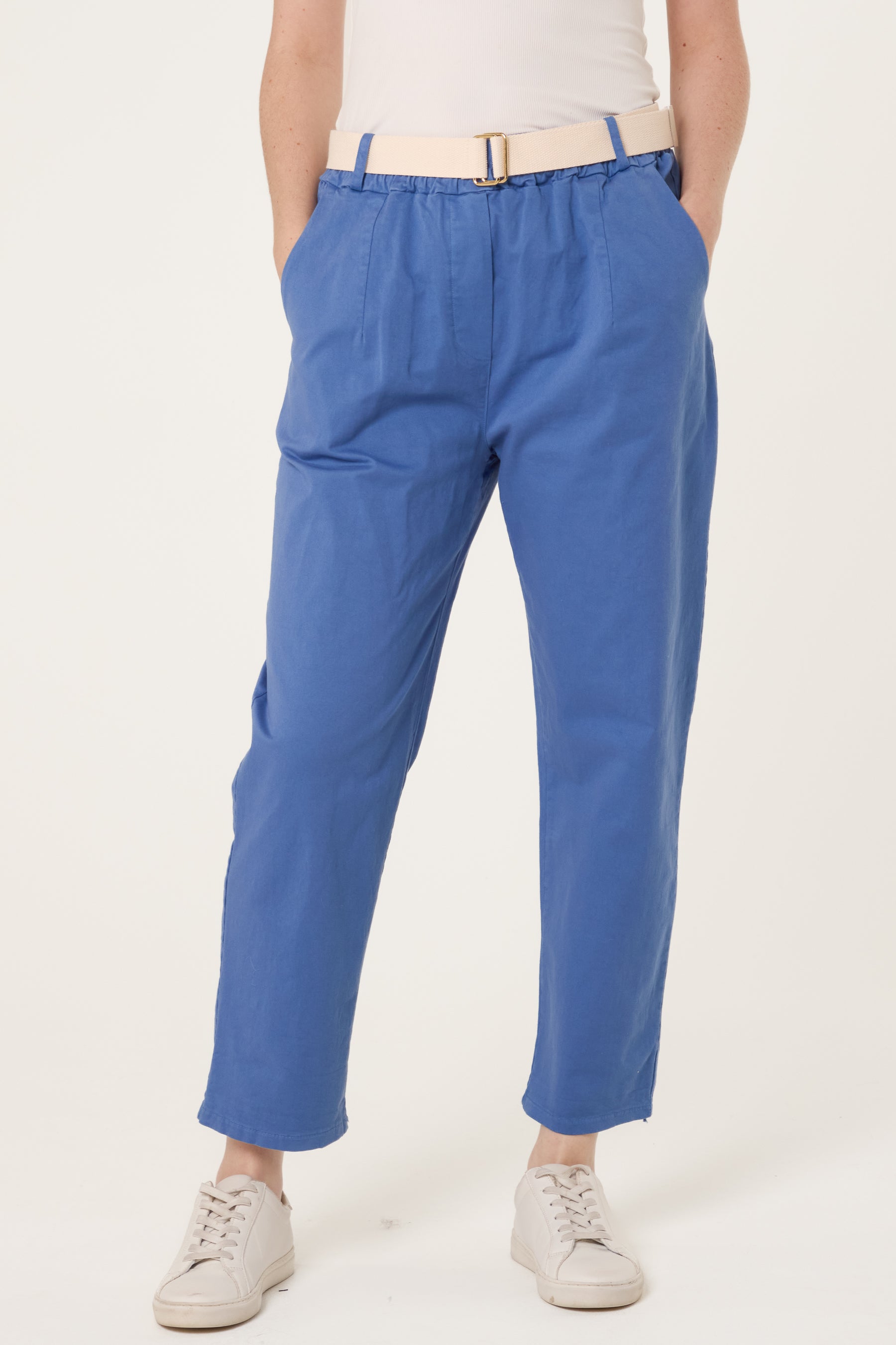 Cotton Blend Belted Straight Trousers