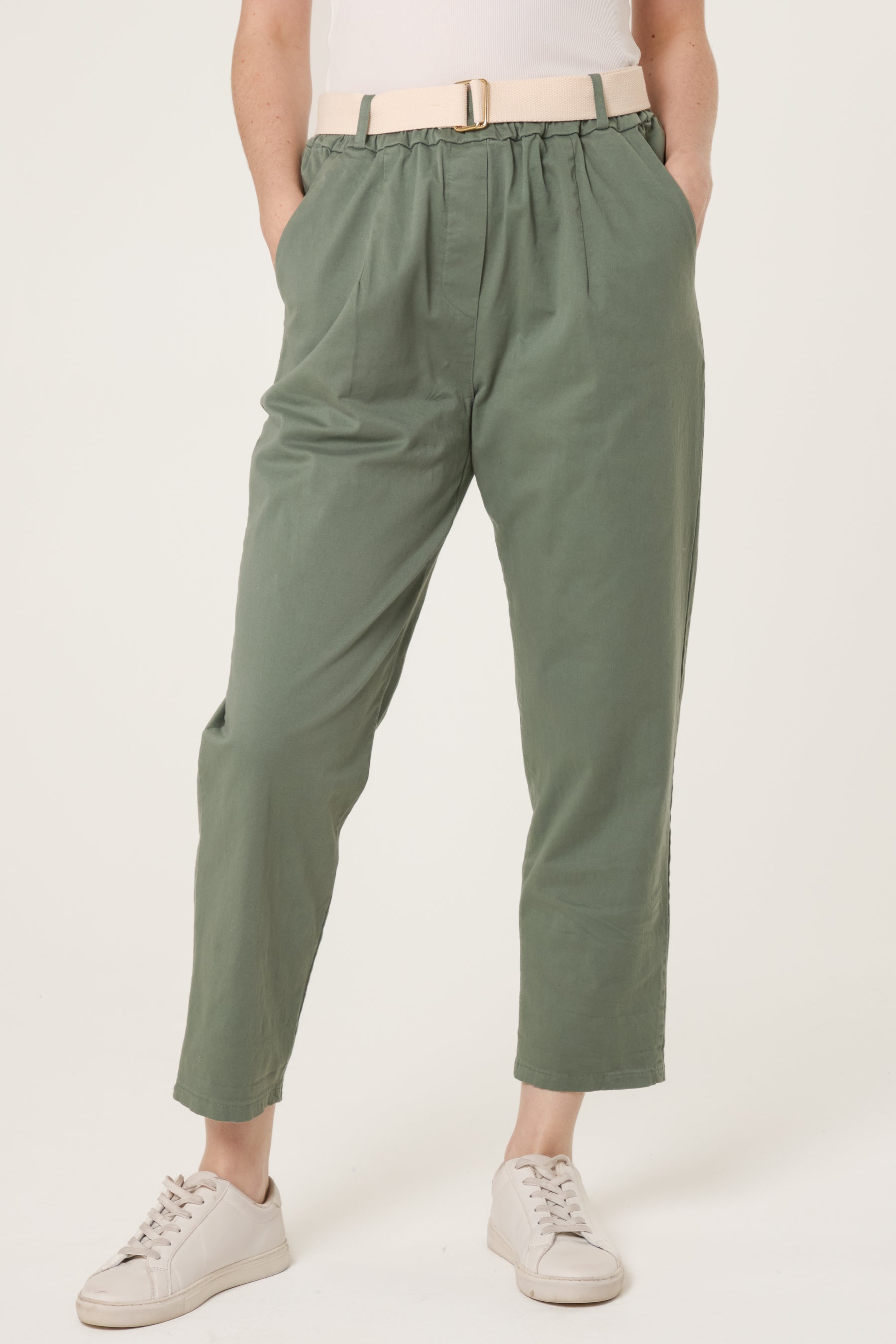Cotton Blend Belted Straight Trousers