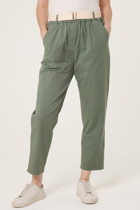 Cotton Blend Belted Straight Trousers