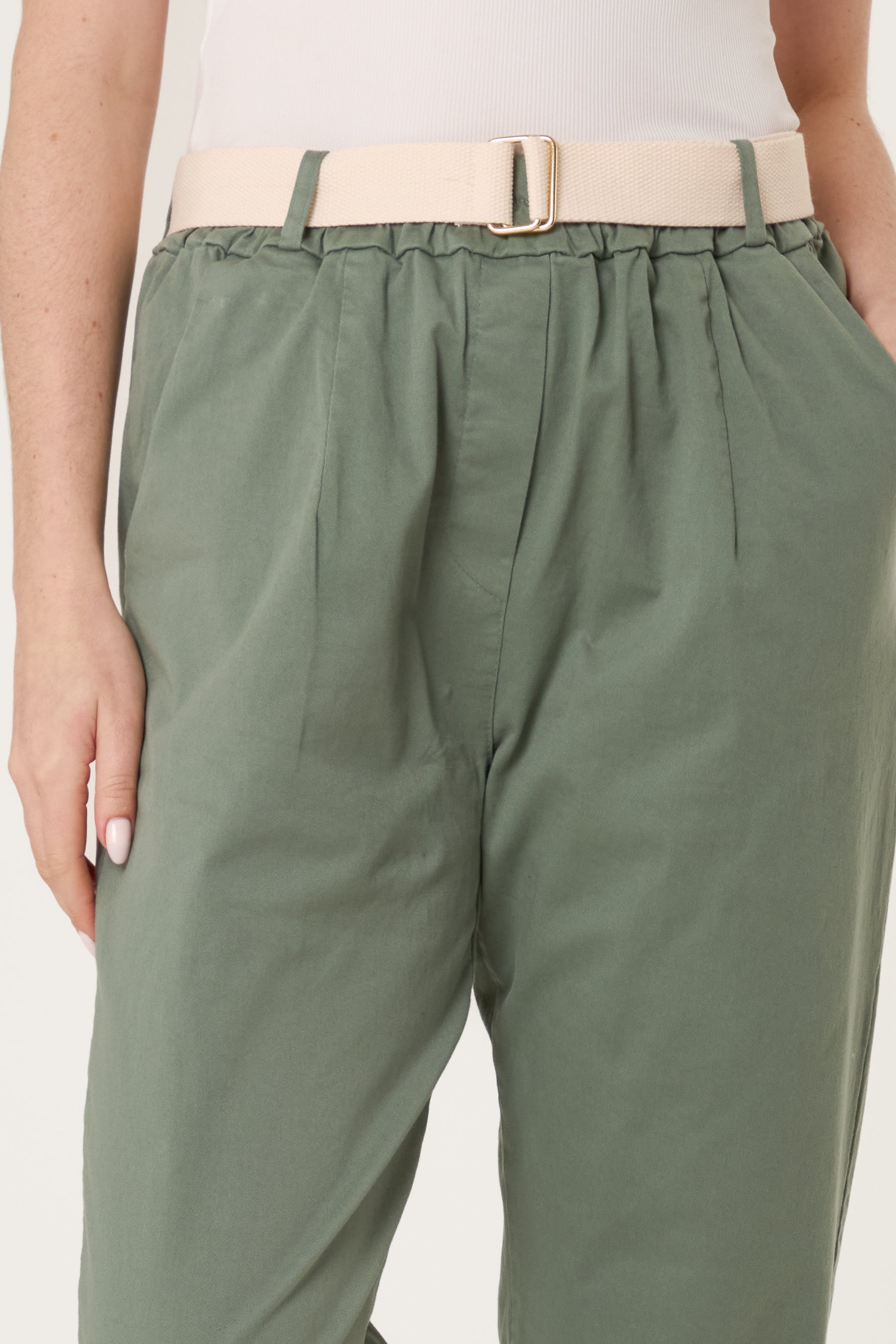 Cotton Blend Belted Straight Trousers