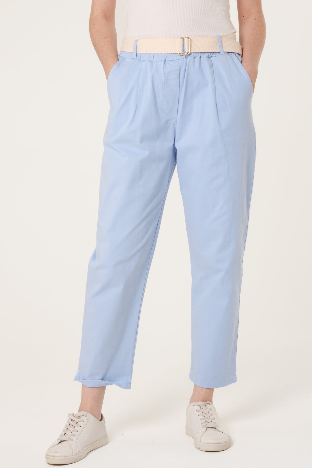 Cotton Blend Belted Straight Trousers