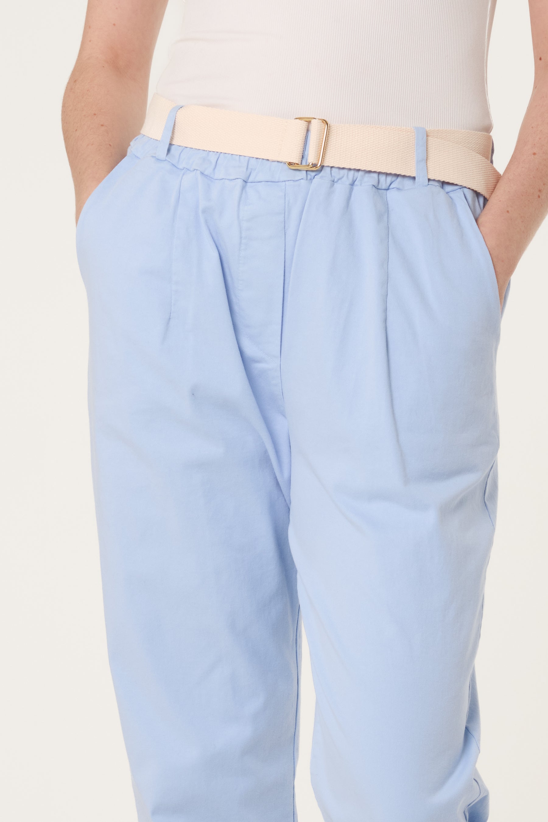 Cotton Blend Belted Straight Trousers