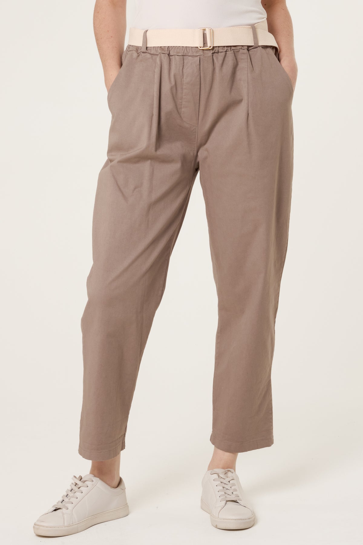 Cotton Blend Belted Straight Trousers