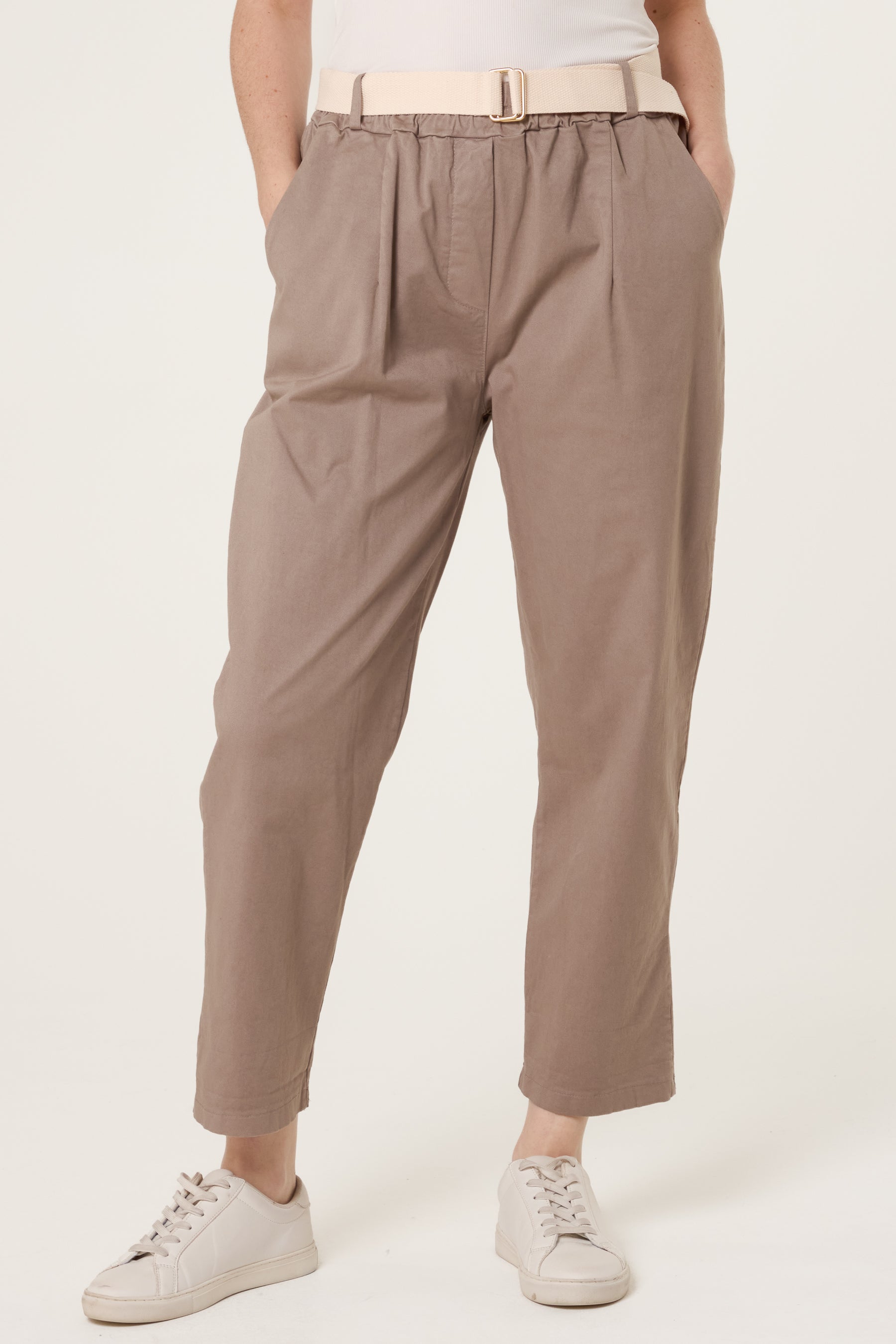 Cotton Blend Belted Straight Trousers