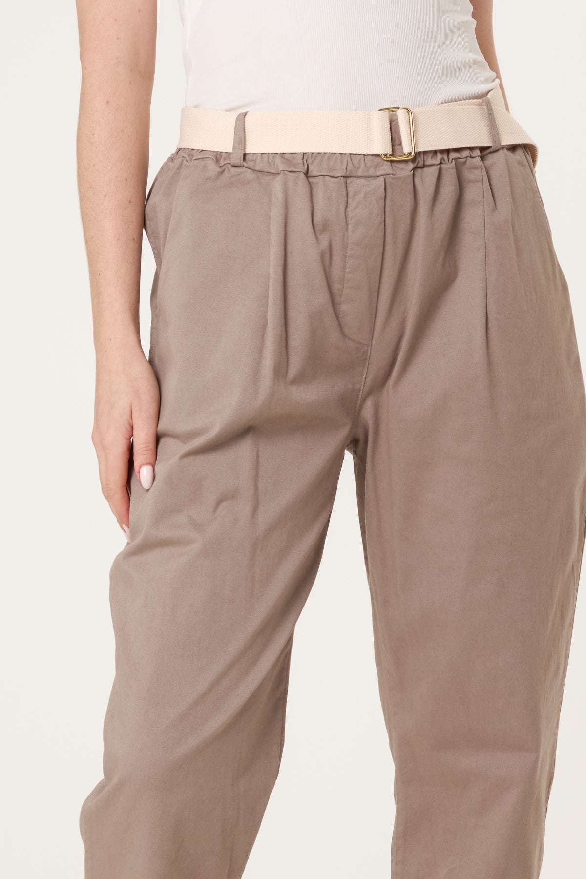 Cotton Blend Belted Straight Trousers