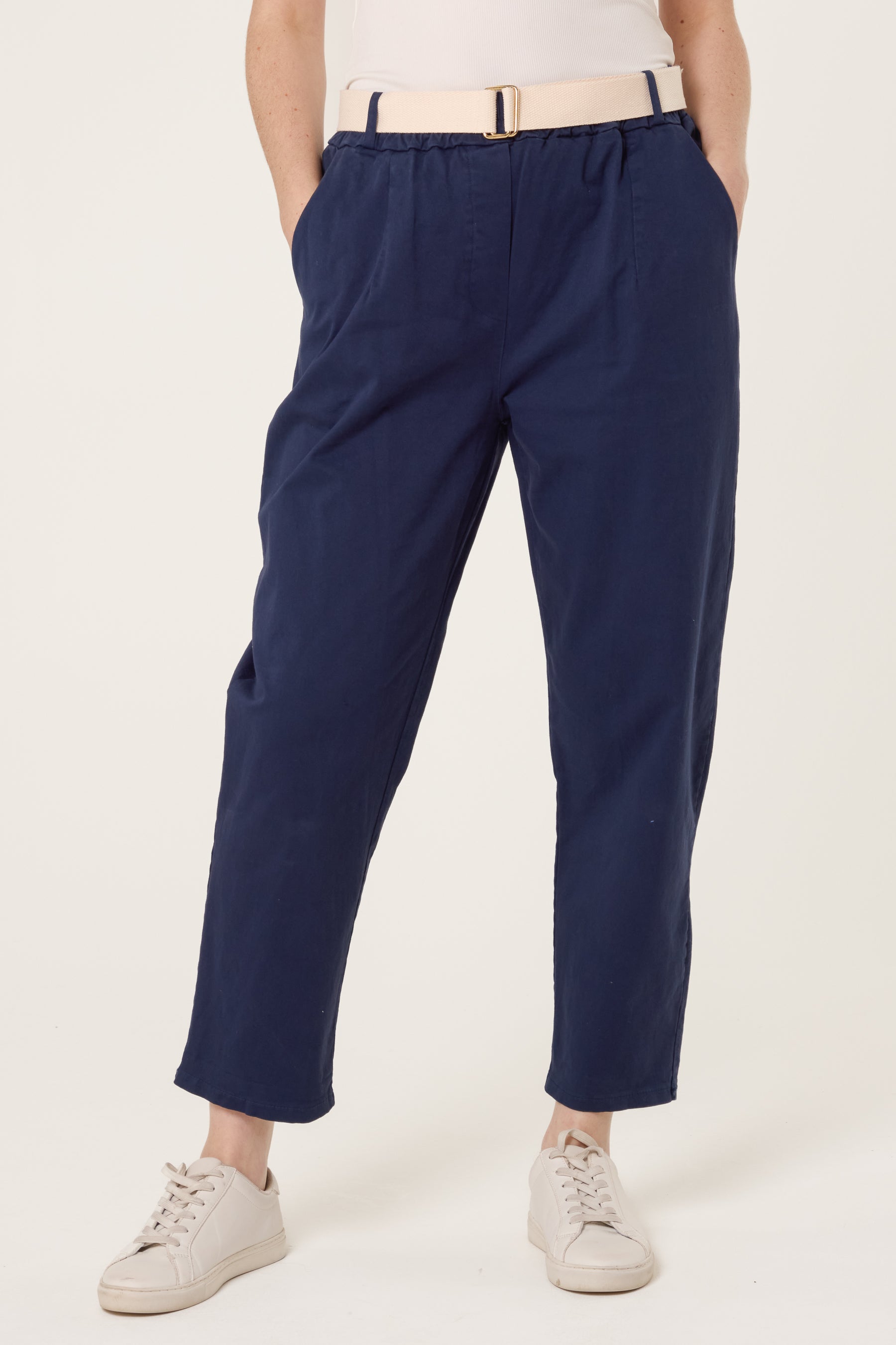 Cotton Blend Belted Straight Trousers