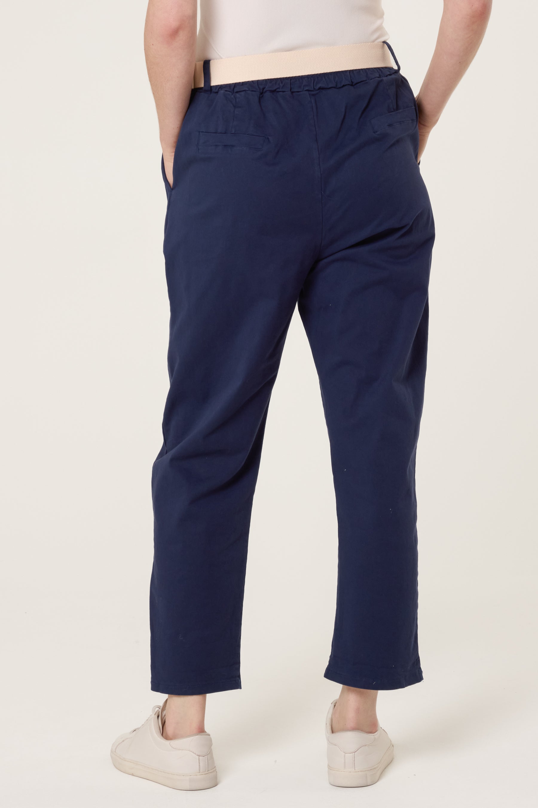 Cotton Blend Belted Straight Trousers