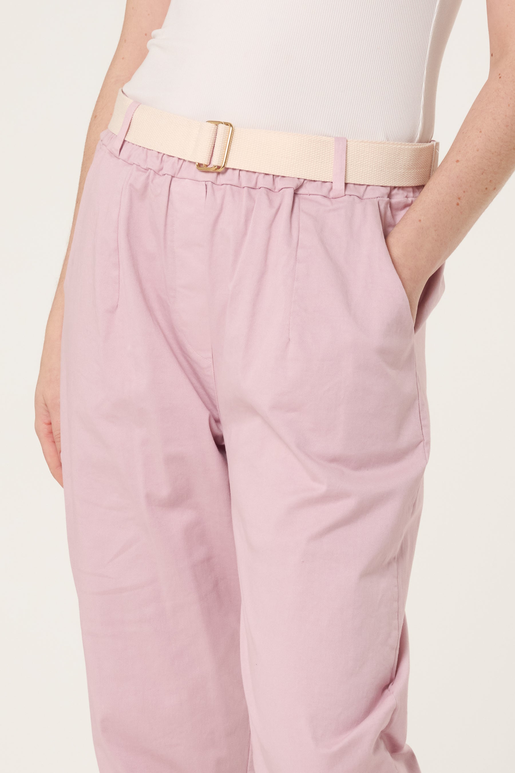 Cotton Blend Belted Straight Trousers