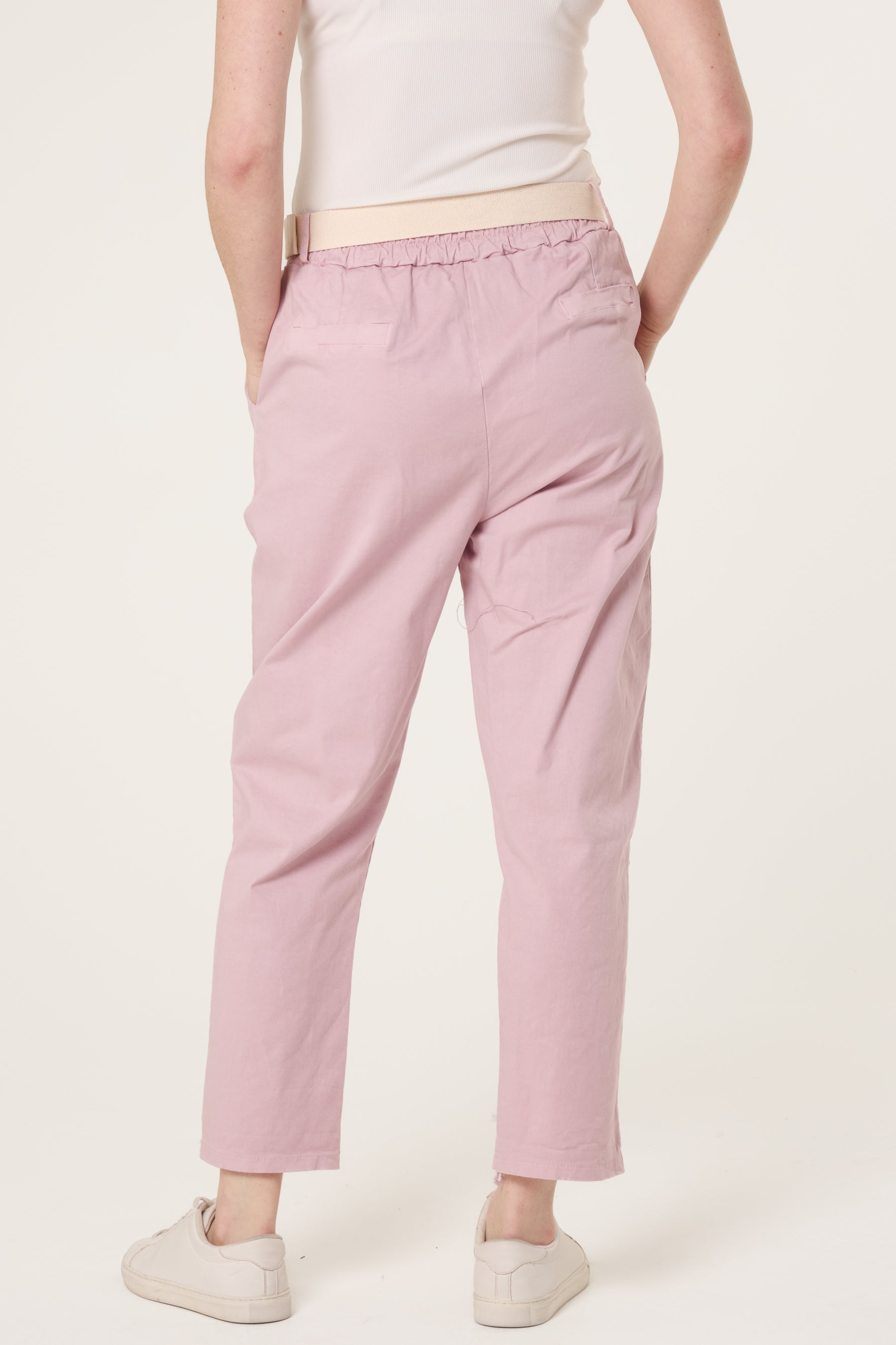Cotton Blend Belted Straight Trousers