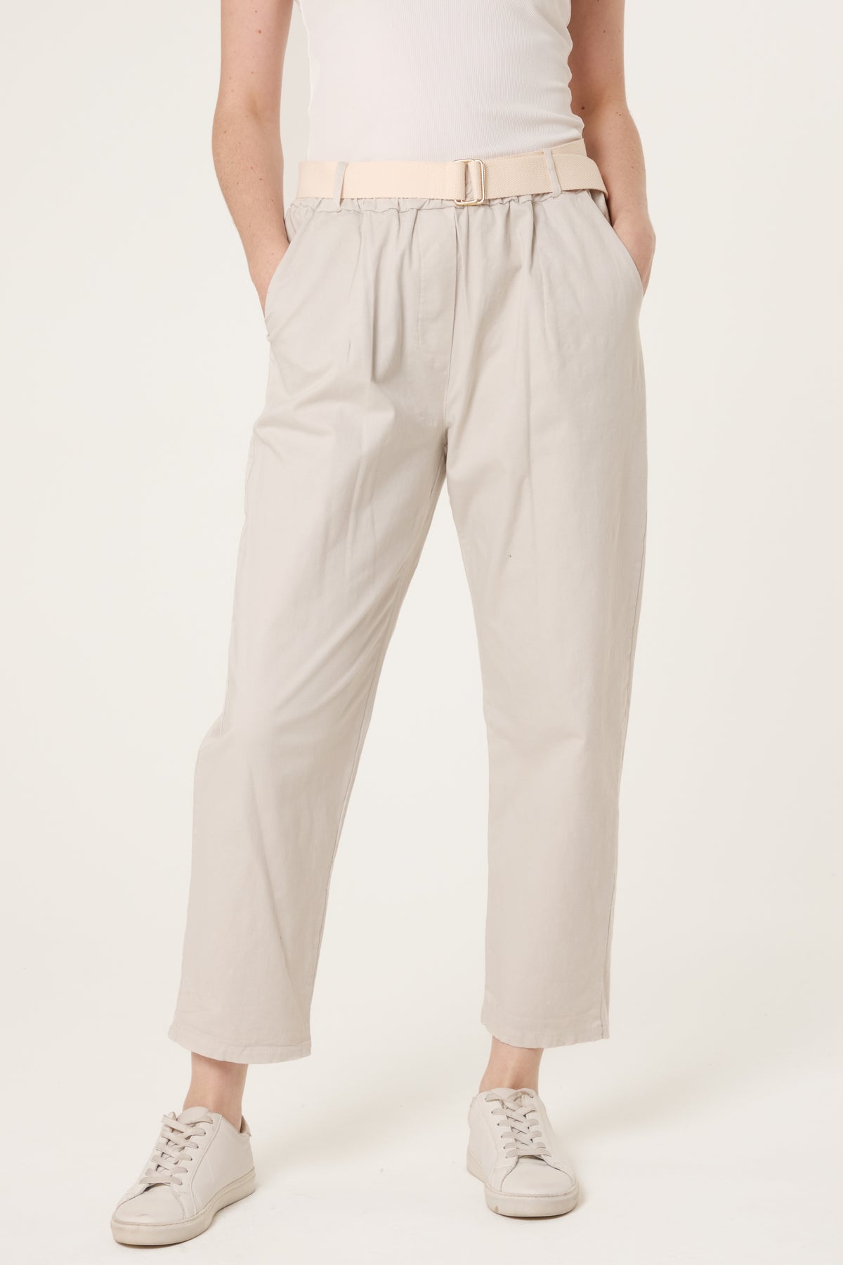 Cotton Blend Belted Straight Trousers