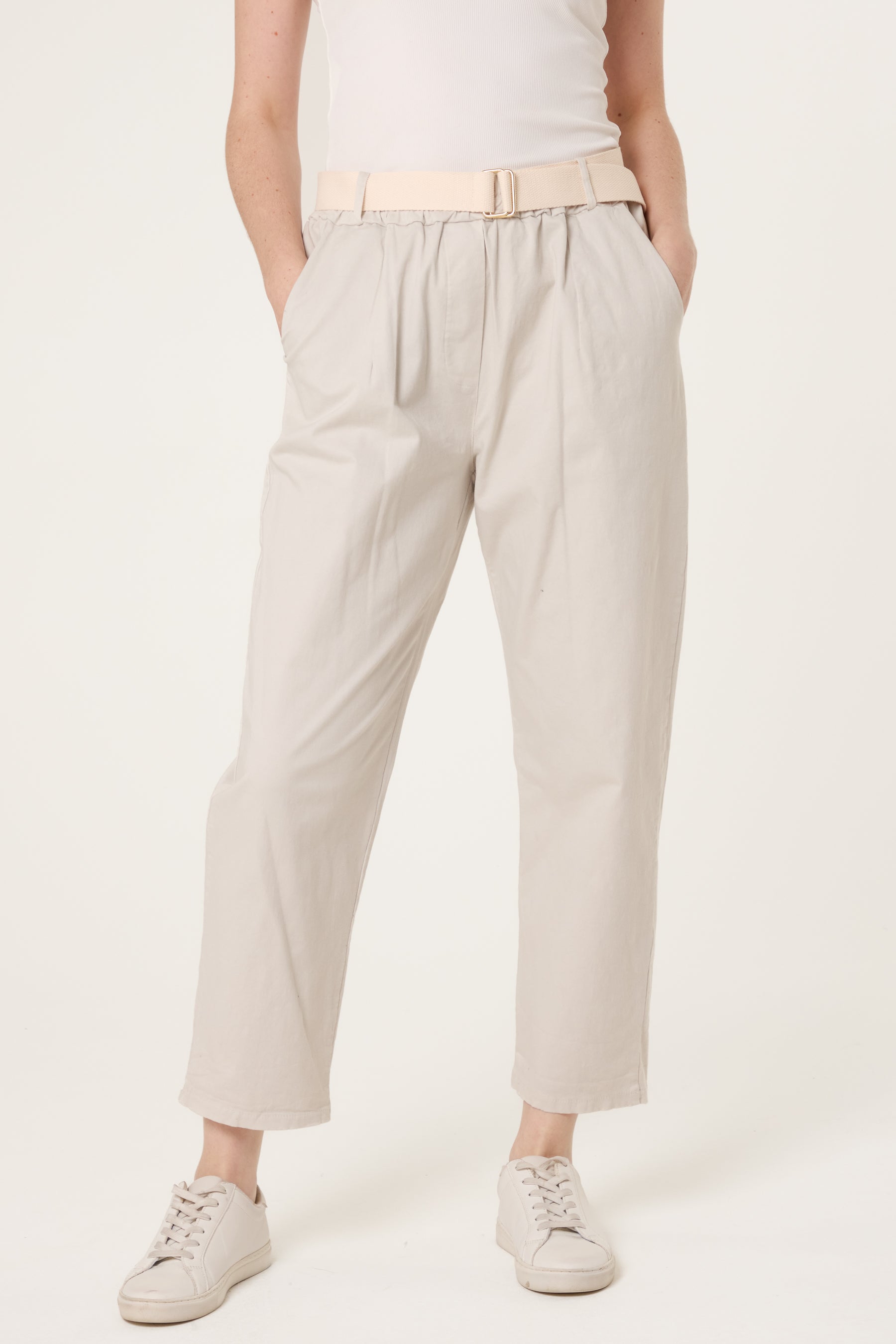 Cotton Blend Belted Straight Trousers