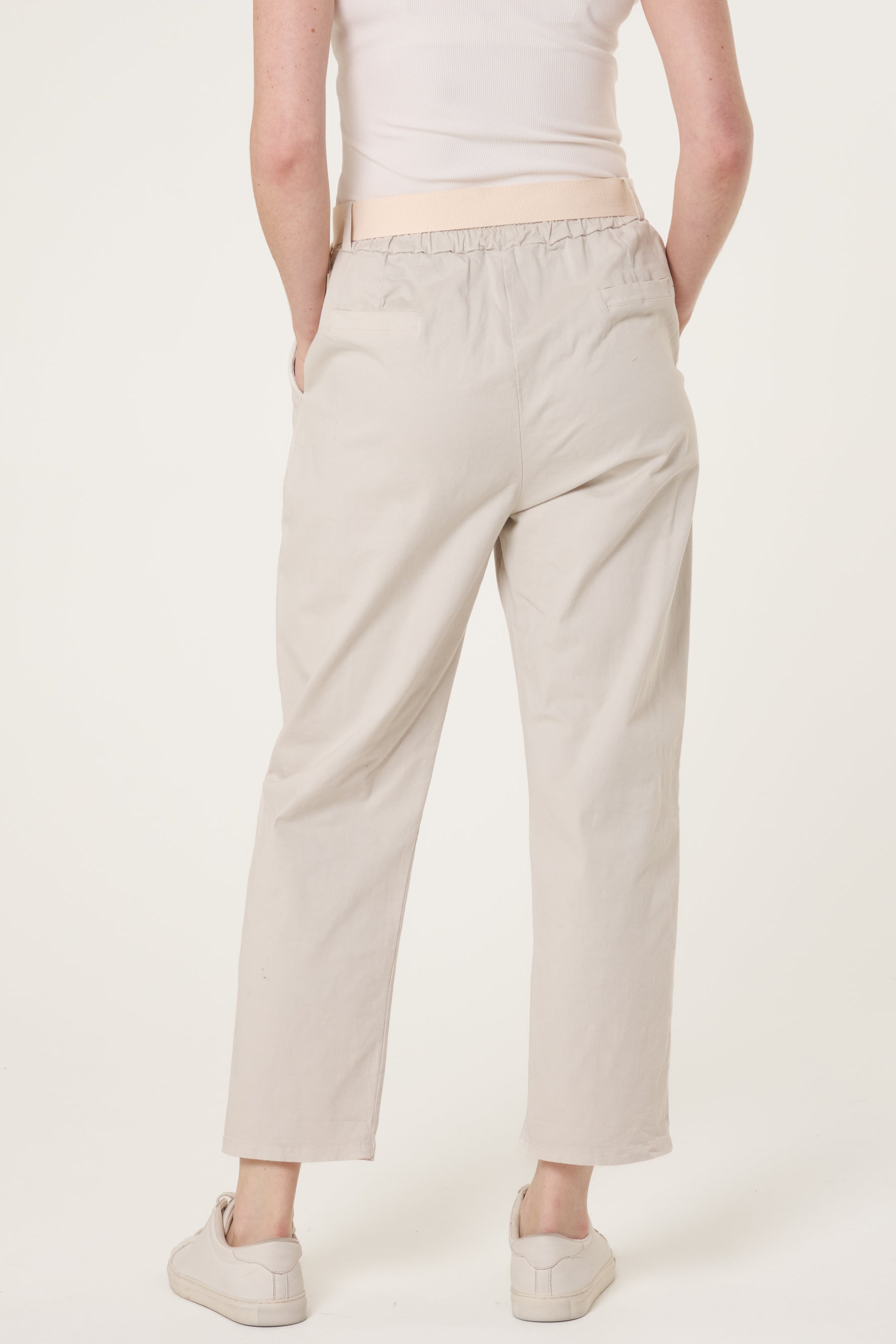 Cotton Blend Belted Straight Trousers