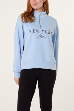 "New York" Embroidery Zip Up Sweatshirt