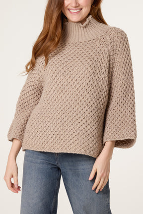 High Neck Crochet Chunky Knit Jumper