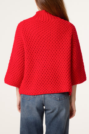 High Neck Crochet Chunky Knit Jumper