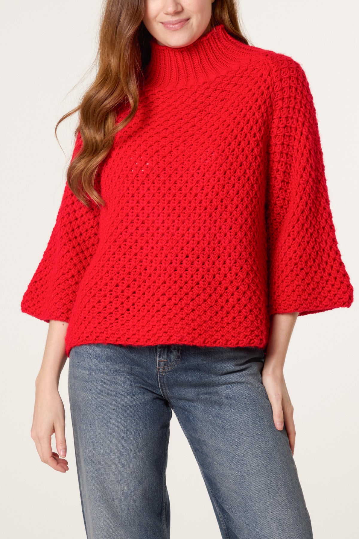 High Neck Crochet Chunky Knit Jumper