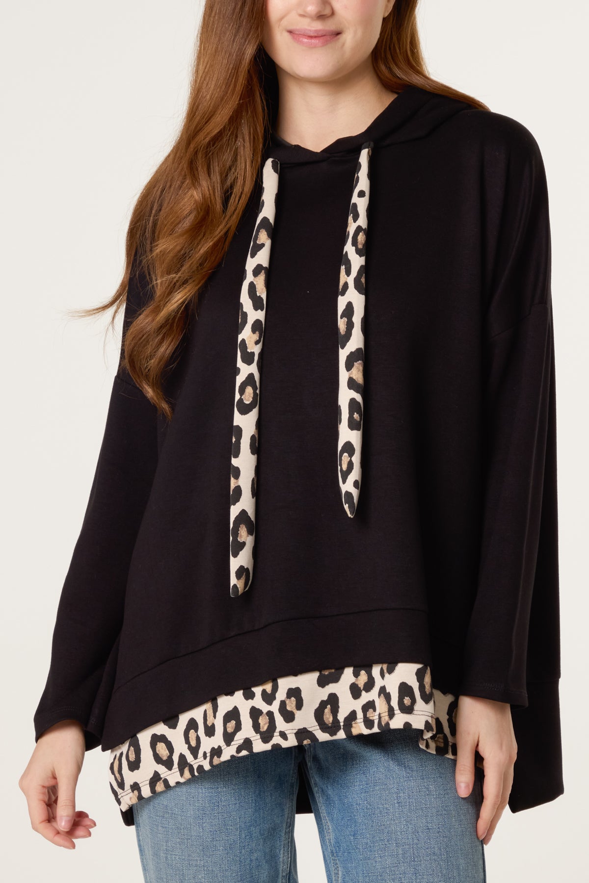 Leopard Trim Hooded Sweatshirt