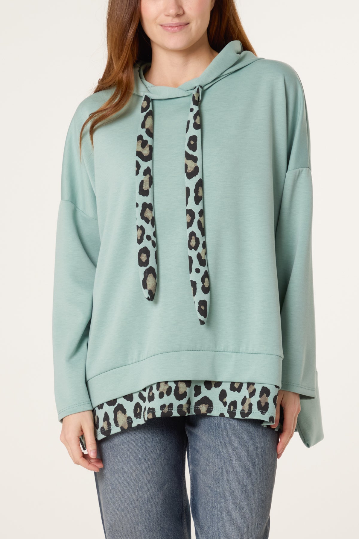 Leopard Trim Hooded Sweatshirt