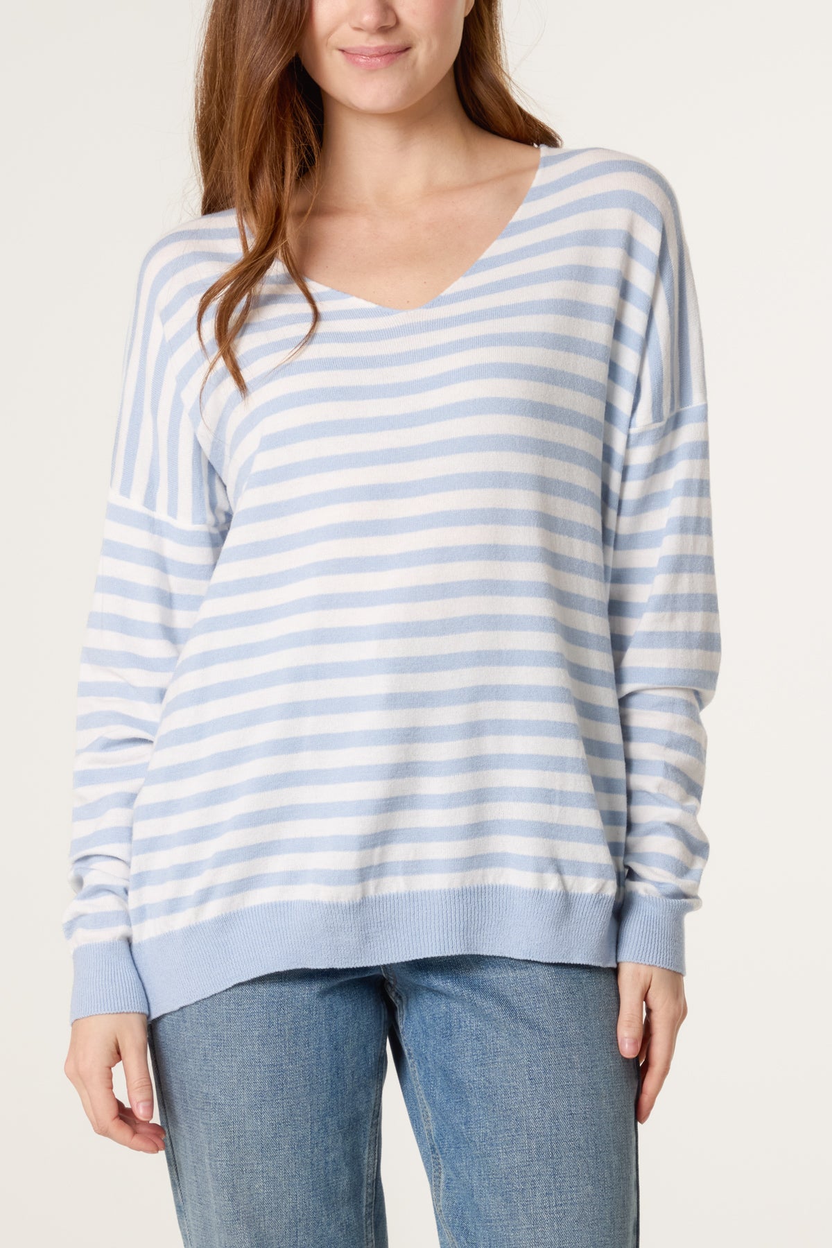 V-Neck Wool Blend Stripe Fine Knit