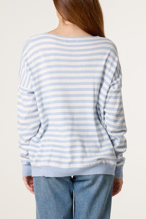 V-Neck Wool Blend Stripe Fine Knit