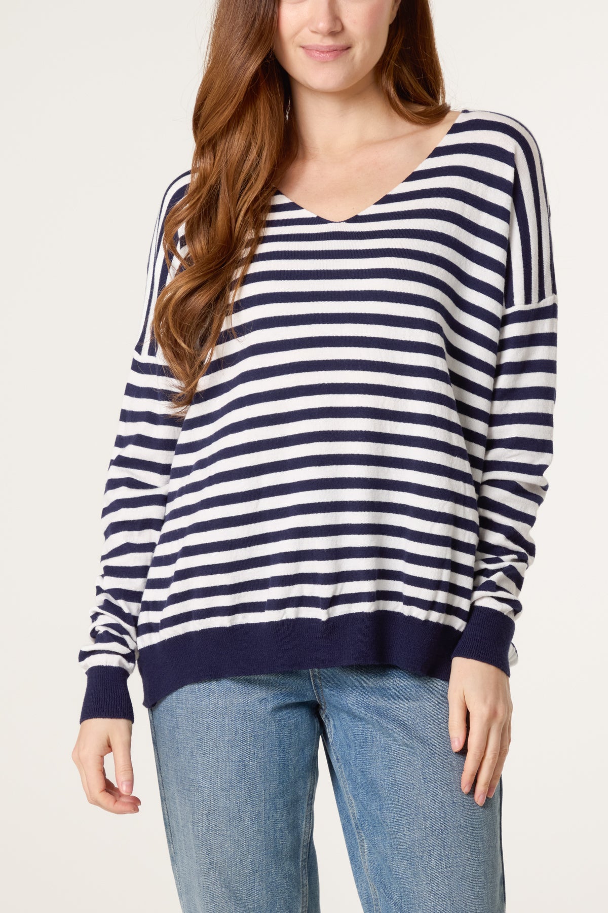 V-Neck Wool Blend Stripe Fine Knit