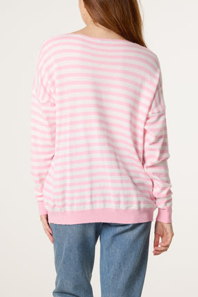 V-Neck Wool Blend Stripe Fine Knit