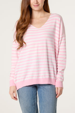 V-Neck Wool Blend Stripe Fine Knit