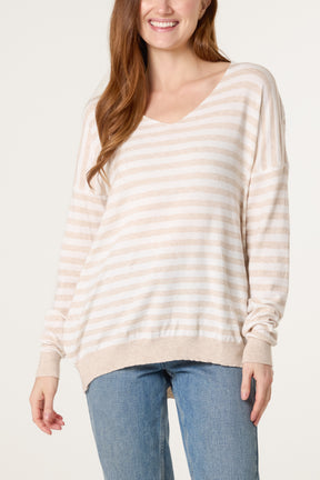 V-Neck Wool Blend Stripe Fine Knit