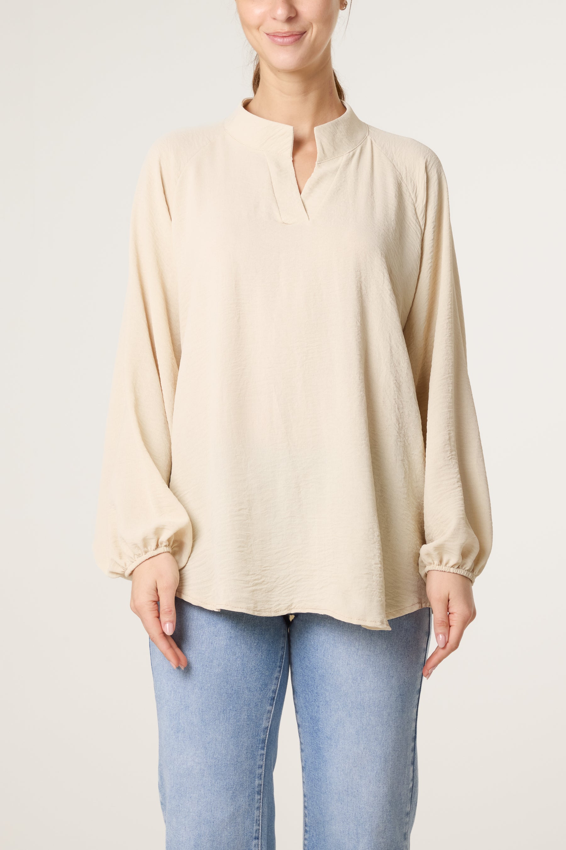 Collarless Balloon Sleeve Blouse