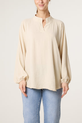 Collarless Balloon Sleeve Blouse