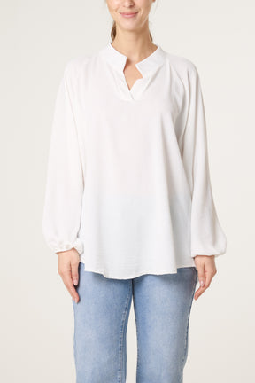 Collarless Balloon Sleeve Blouse