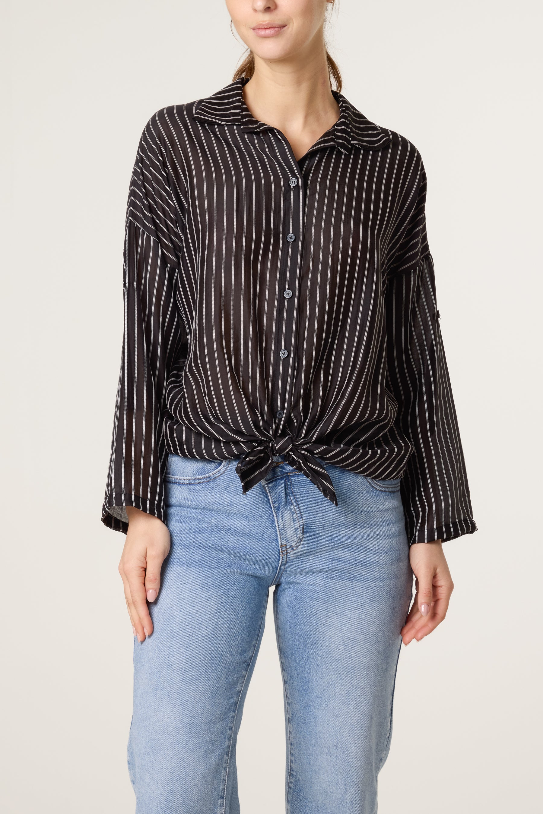 Front Knot Stripe Tencel Shirt